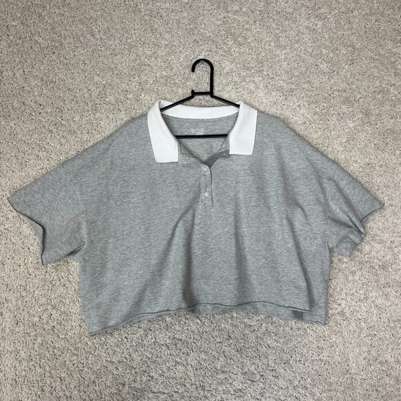 Aerie Offline Cropped Polo Shirt Womens XXL Gray Short Sleeve Raw Hem Distressed - Picture 1 of 11